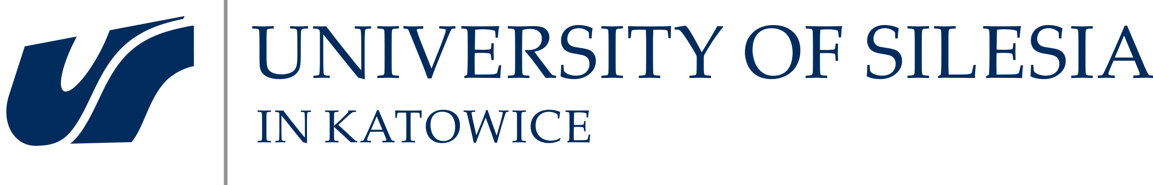 Logo Uniwersytetu Śląskiego w Katowicach (wersja bez tła). Granatowy, stylizowany symbol „US” obok pionowej kreski i tekstu „Universuty of Silesia” (kapitaliki), poniżej mniejszym drukiem "in Katowice”