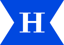 Niebieskie logo z literą H Geometryczny, niebieski kształt przypominający wstęgę z białą, dużą literą „H” na środku.”