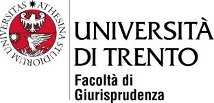 Logo Uniwersytetu di Trento – Wydział Prawa. Po lewej czerwono‑biały okrągły herb z dwugłowym orłem i słońcem, po prawej czarny napis „Università di Trento” z tekstem „Facoltà di Giurisprudenza” poniżej.